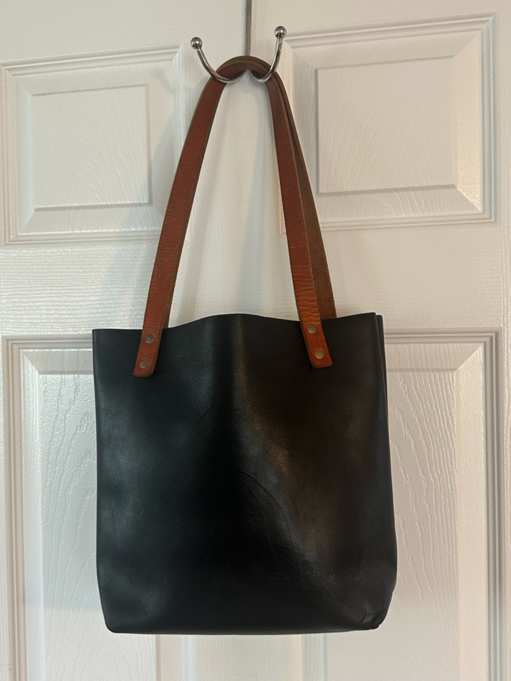 Portland Leather Black Top-Handle Shoulder Bag, Custom Brown Straps - Picture 4 of 8